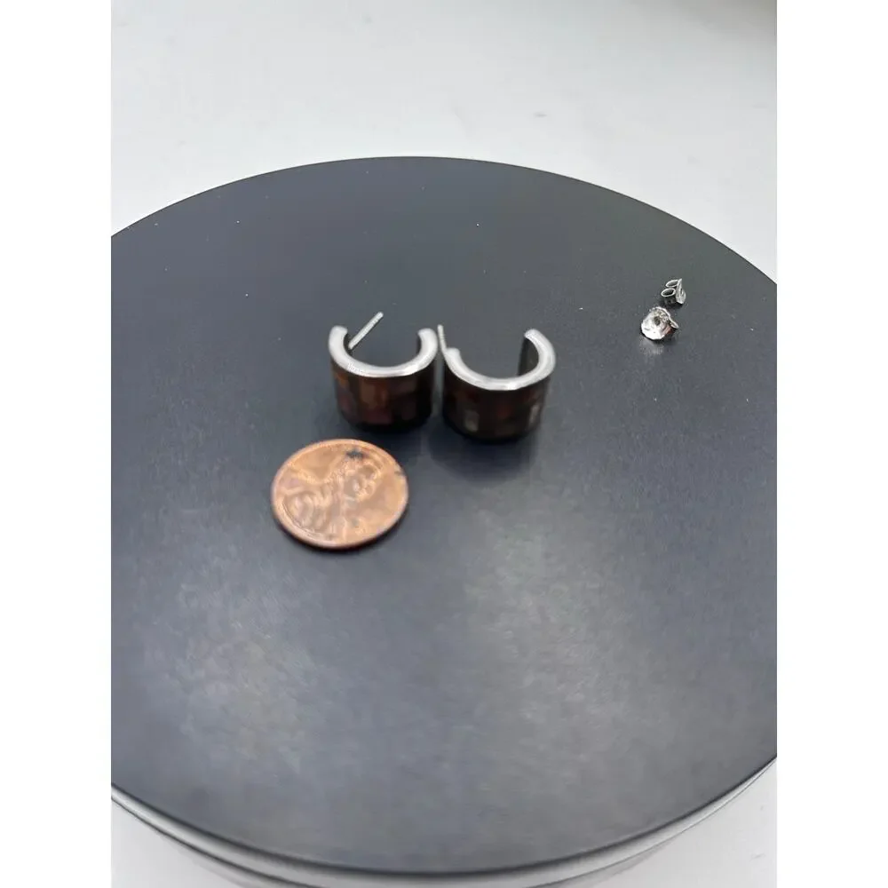 Vintage Sterling Silver 925‎ Inlaid Mother of Pearl Half Hoop Huggie Earrings